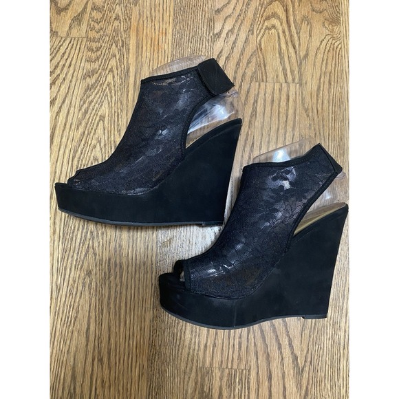 Chinese Laundry‎ Black Slingback Lace Mesh Upper Wedge Sandal SZ: 6 - Picture 2 of 8